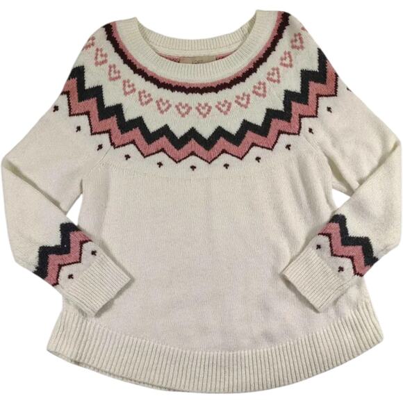 LOFT Women's Fairisle Heart Pullover Knit Crewneck Sweater Cream/Pink Size M - Picture 1 of 8